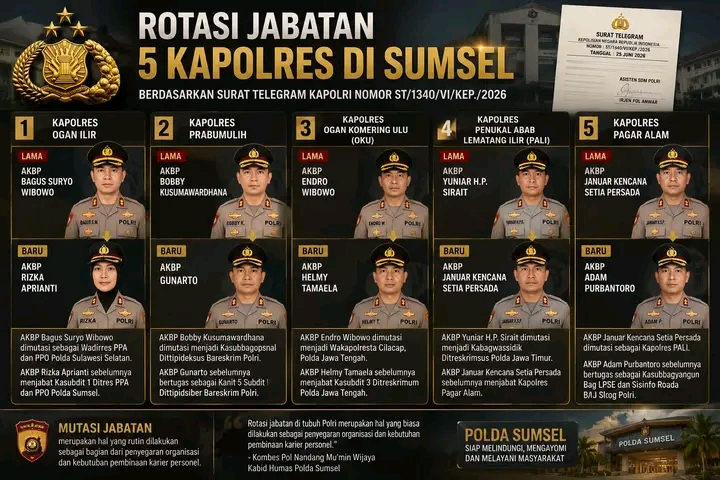 5 Kapolres Di Sumsel Mendapatkan Rotasi Jabatan