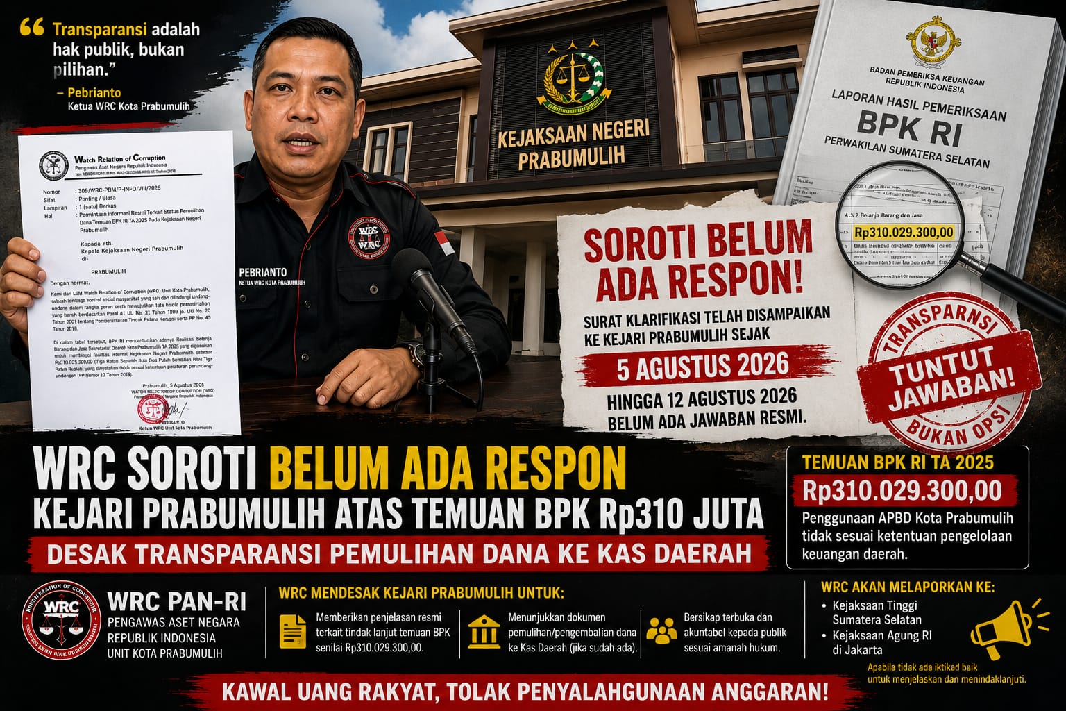 WRC Soroti Belum Ada Respons Kejari Prabumulih atas Temuan BPK Rp310 Juta, Desak Transparansi Pemulihan Dana